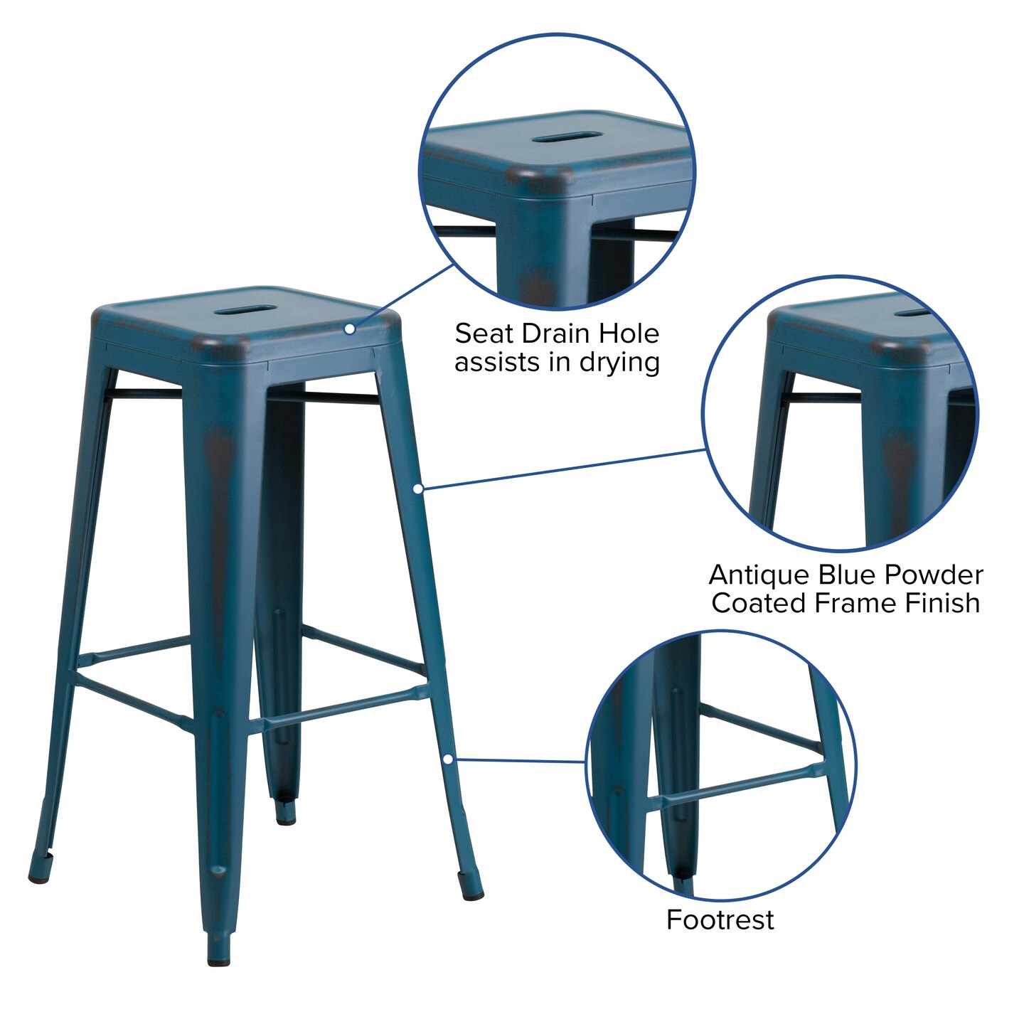 Emma and Oliver Commercial Grade 4 Pack 30&#x22; High Backless Distressed Metal Indoor-Outdoor Barstool