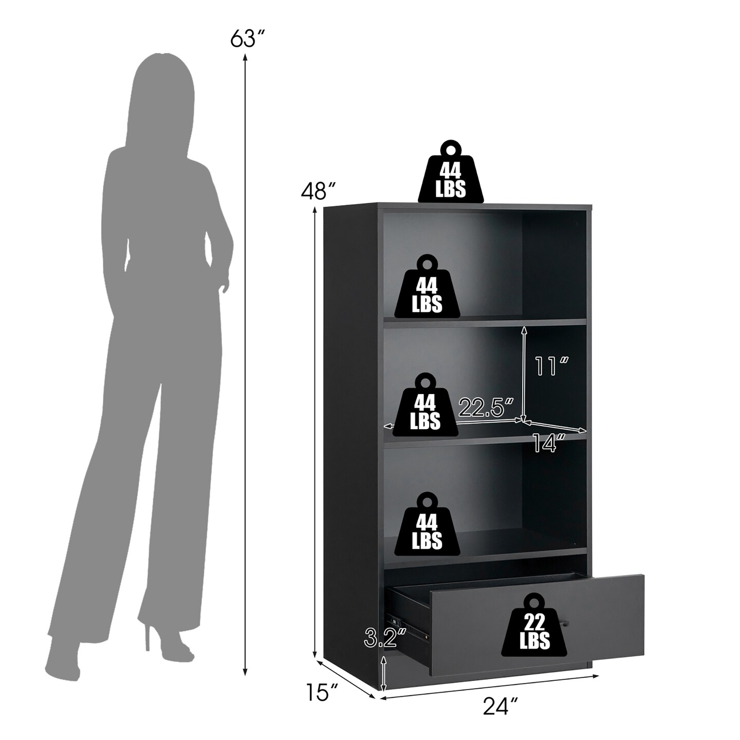 Costway 48&#x27;&#x27; Tall 4-tier Storage Shelf Wood Bookcase w/Drawer Home Organizer Display Rack
