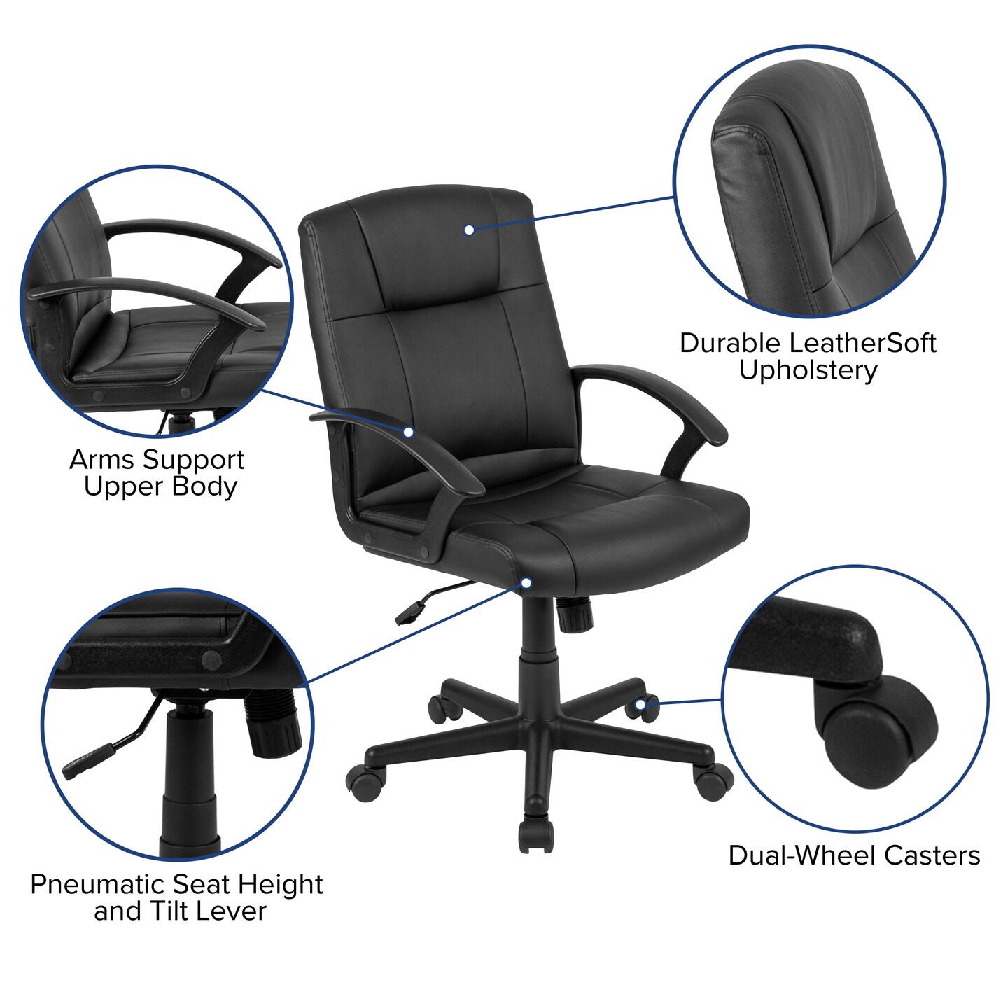 Emma and Oliver Fundamentals Mid-Back Padded Task Office Chair with Arms