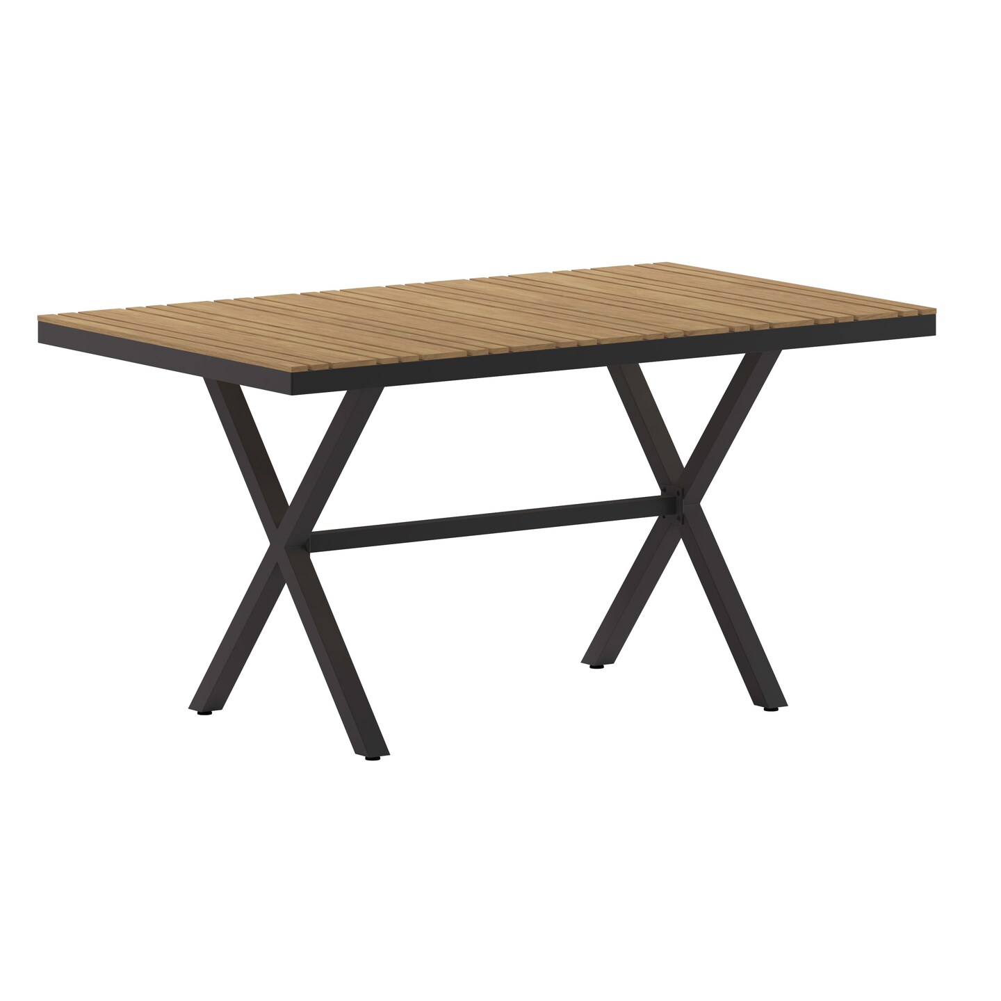 Emma and Oliver Fena 59" x 35.5" Outdoor X-Frame Dining Table with Faux Teak Poly Slat Top and Metal Frame