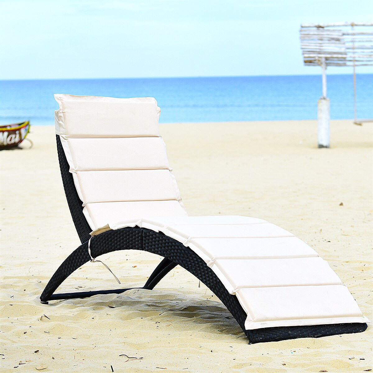 Costway Folding Patio Rattan Lounge Chair Chaise Cushioned Portable Garden Lawn Black