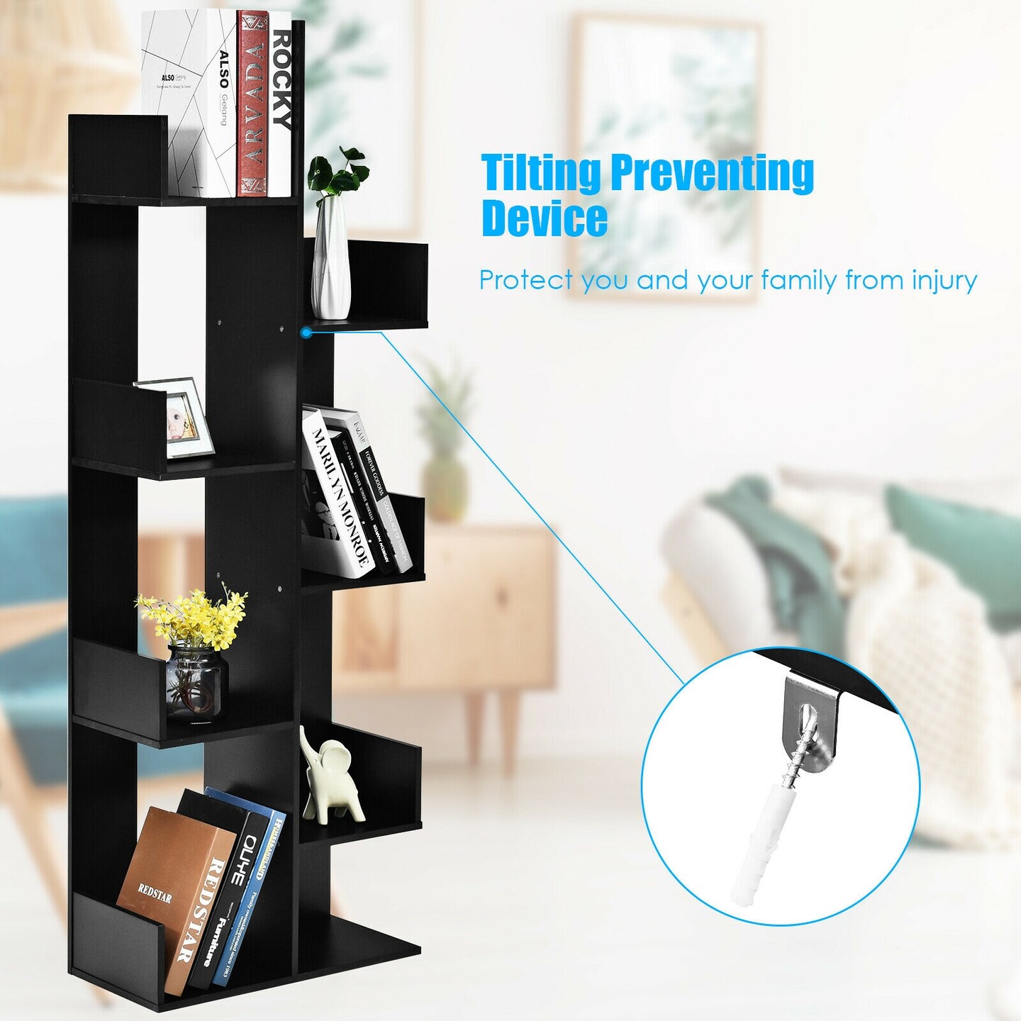 8-Tier Bookshelf Bookcase with 8 Open Compartments Space-Saving Storage Rack