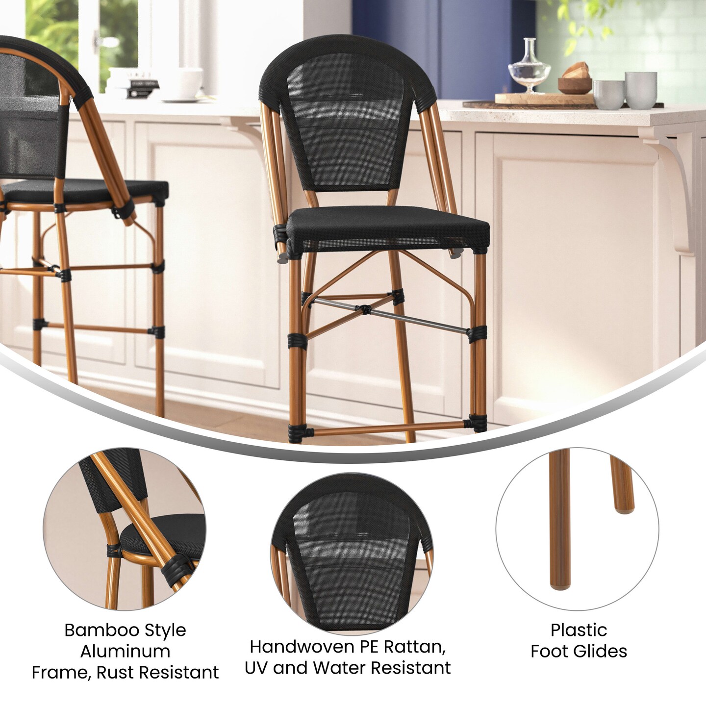 Merrick Lane Mael Set of Two Stacking Bistro Style Bar Stools with Textilene Backs and Seats and Metal Frames for Indoor/Outdoor Use