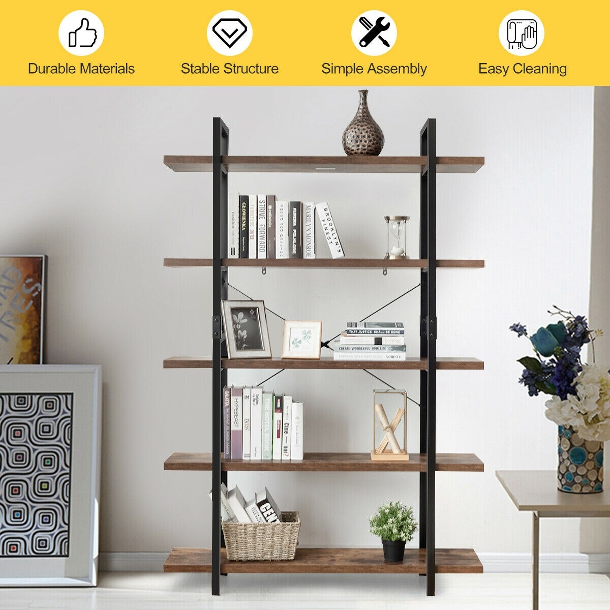 Rustic Brown-Black Iron and Wood Bookcase with Anti-Tip Design