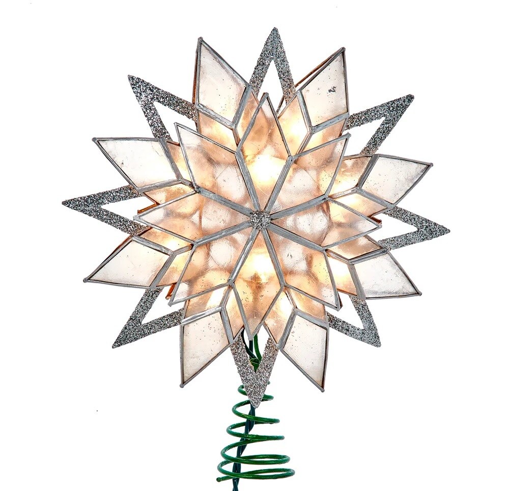 KSA 9.5 Lighted Green and Silver Glittered Star Christmas Tree Topper