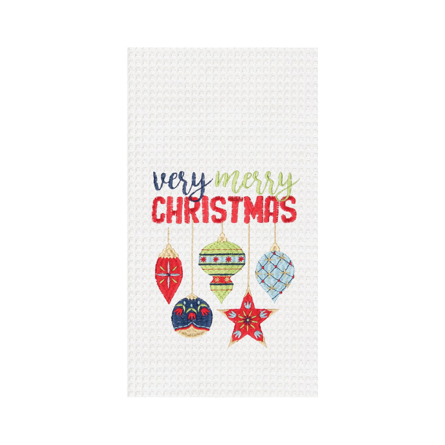 27&#x22; x 18&#x22; Holiday &#x22;Very Merry Christmas&#x22; Sentiment Featuring Ornament Cotton Embroidered &#x26; Waffle Weave Kitchen Dish Towel