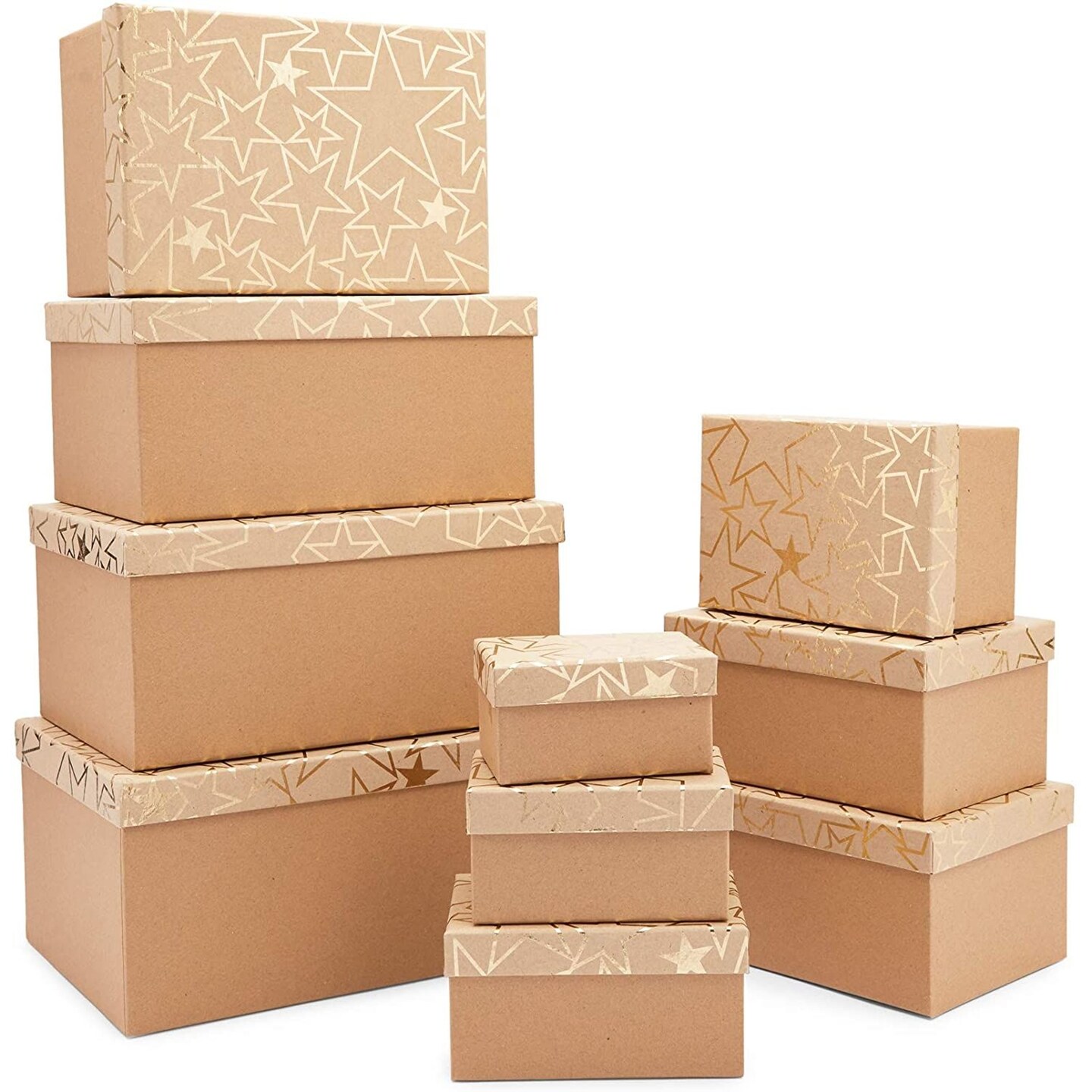 Set of 10 Nesting Gift Boxes with Lids, Cardboard Box with Silver Foil Star Designs (10 Sizes)
