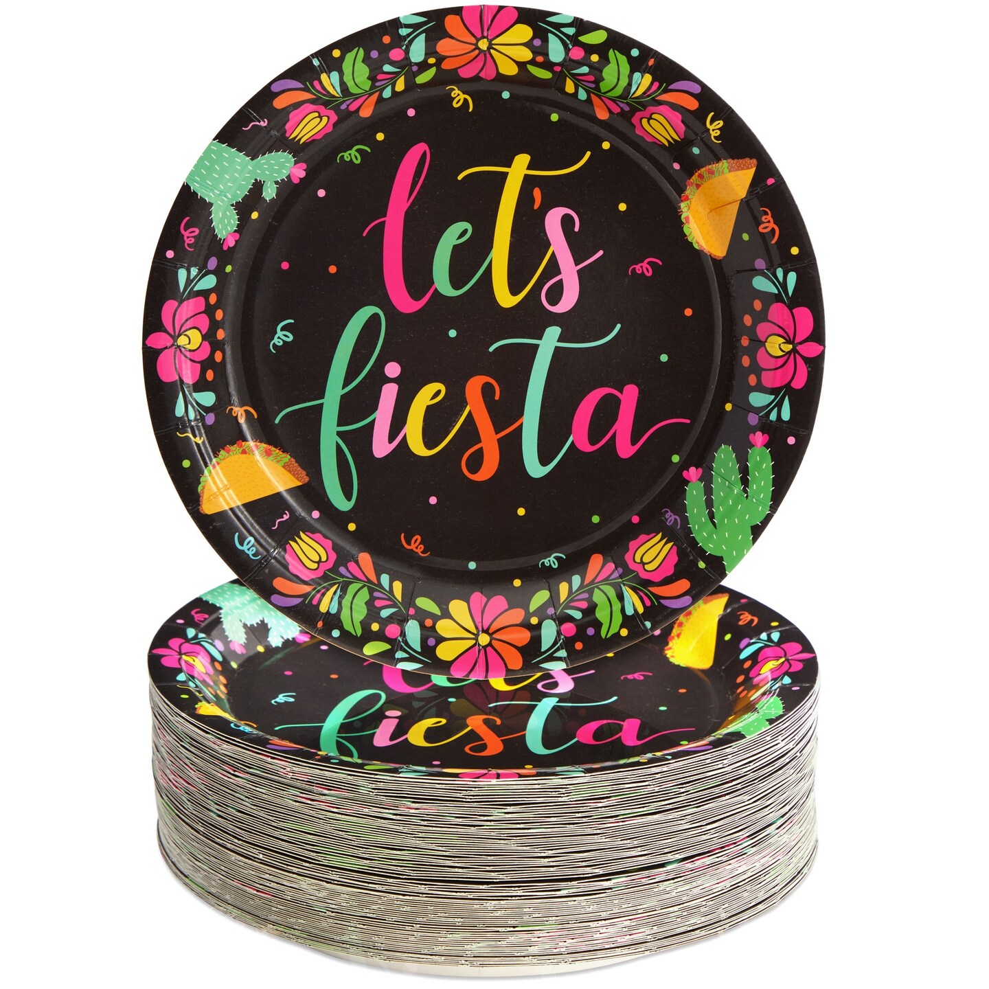 80 Pack of Disposable Let's Fiesta Paper Plates for Cinco de Mayo Party  Supplies, Black (9 Inches)