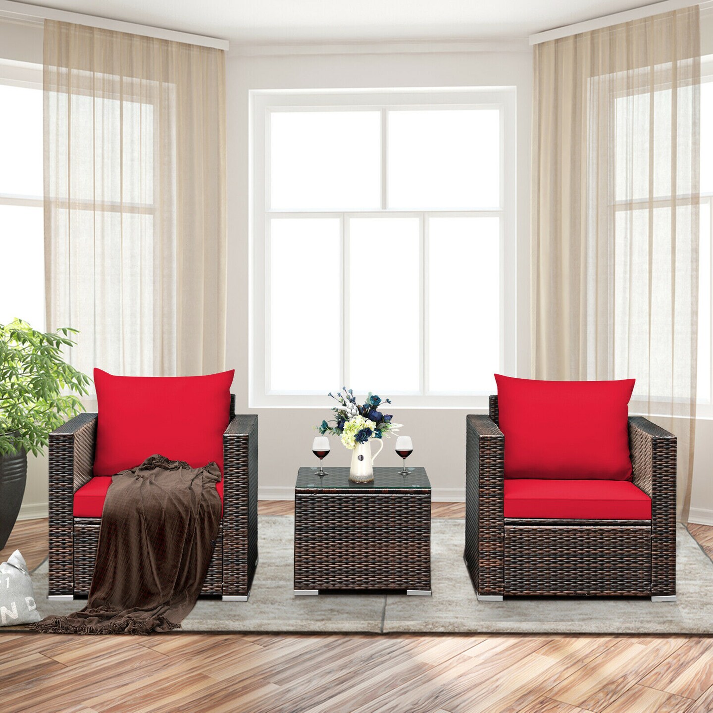 Costway 3PCS Patio Rattan Furniture Set Conversation Sofa Cushioned Turquoise\Red