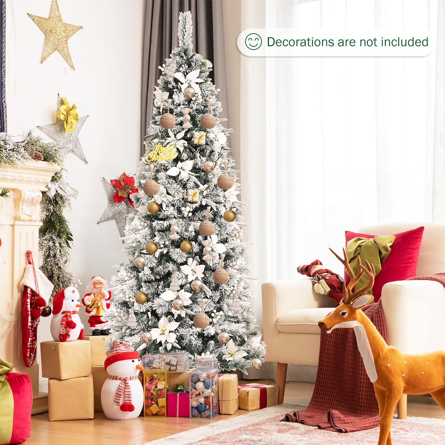 Costway 5ft/6ft/7ft/8ft Snow Flocked Christmas Pencil Tree w/ Berries &#x26; Poinsettia Flowers