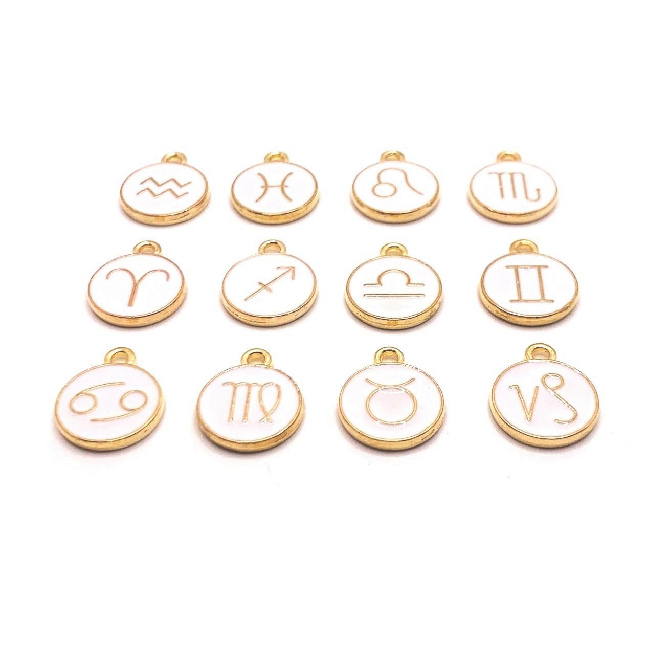 12 or 60 Pieces: White Enamel and Gold Zodiac/Astrology Charms, Double Sided