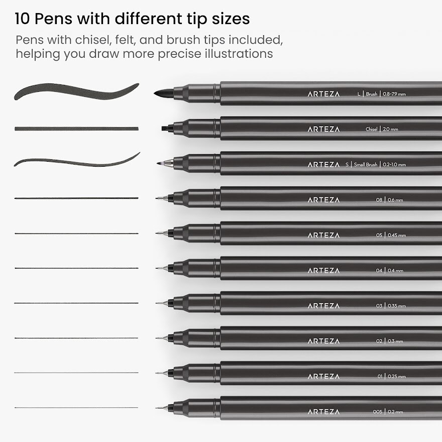 Arteza Micro-Line Pen, Black Japanese Ink, Assorted Nibs - Set of 10