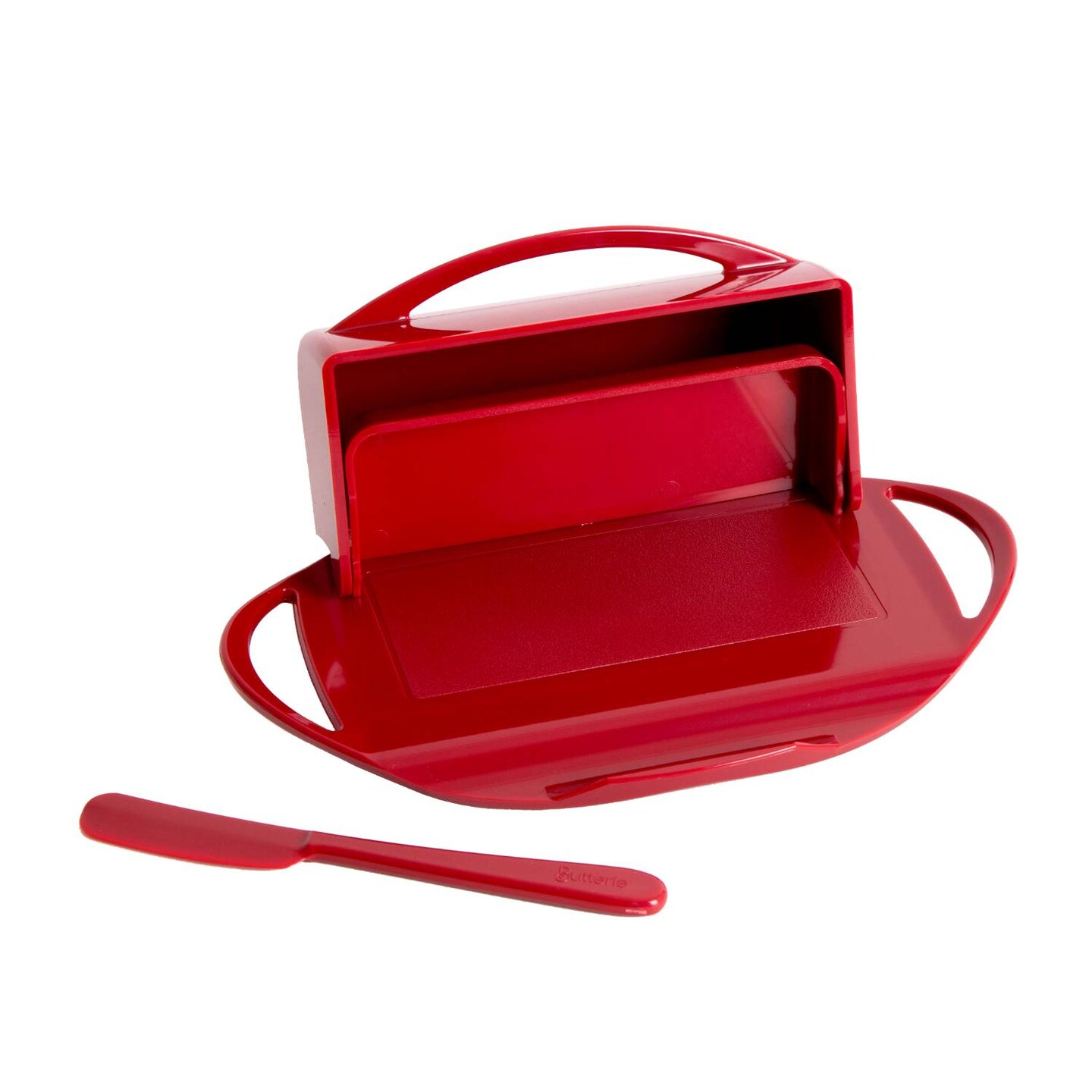 Butterie Flip-Top Butter Dish, Soft Butter with Less Mess, Easy Grip Non-Skid Hand Helper, with Matching Spreader - Red