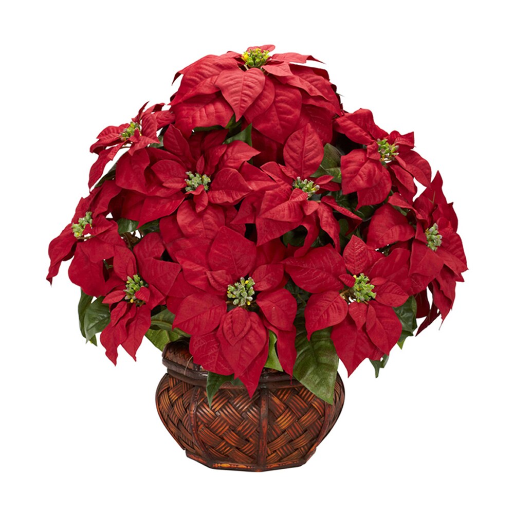 Nearly Natural   Poinsettia with Decorative Planter Silk Arrangement - Red