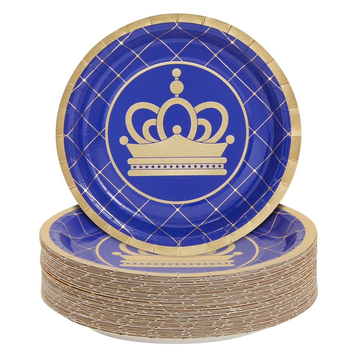 50 Pack Blue Party Plates for Royal Prince Baby Shower Decorations for Boys (7 In)