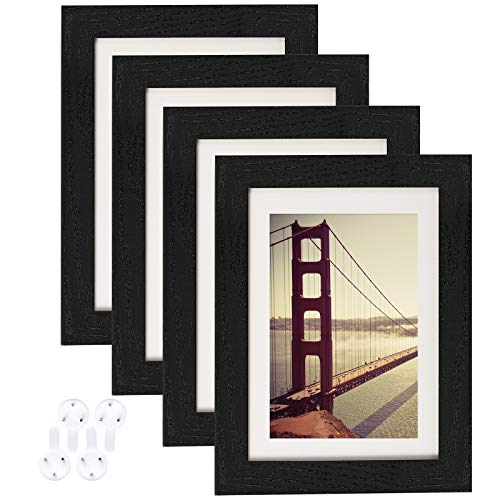 5x7 Picture Frame Black Wood Pattern Set of 4 with Tempered Glass,Display Pictures 4x6 with Mat or 5x7 Without Mat, Horizontal and Vertical Formats for Wall and Table Mounting