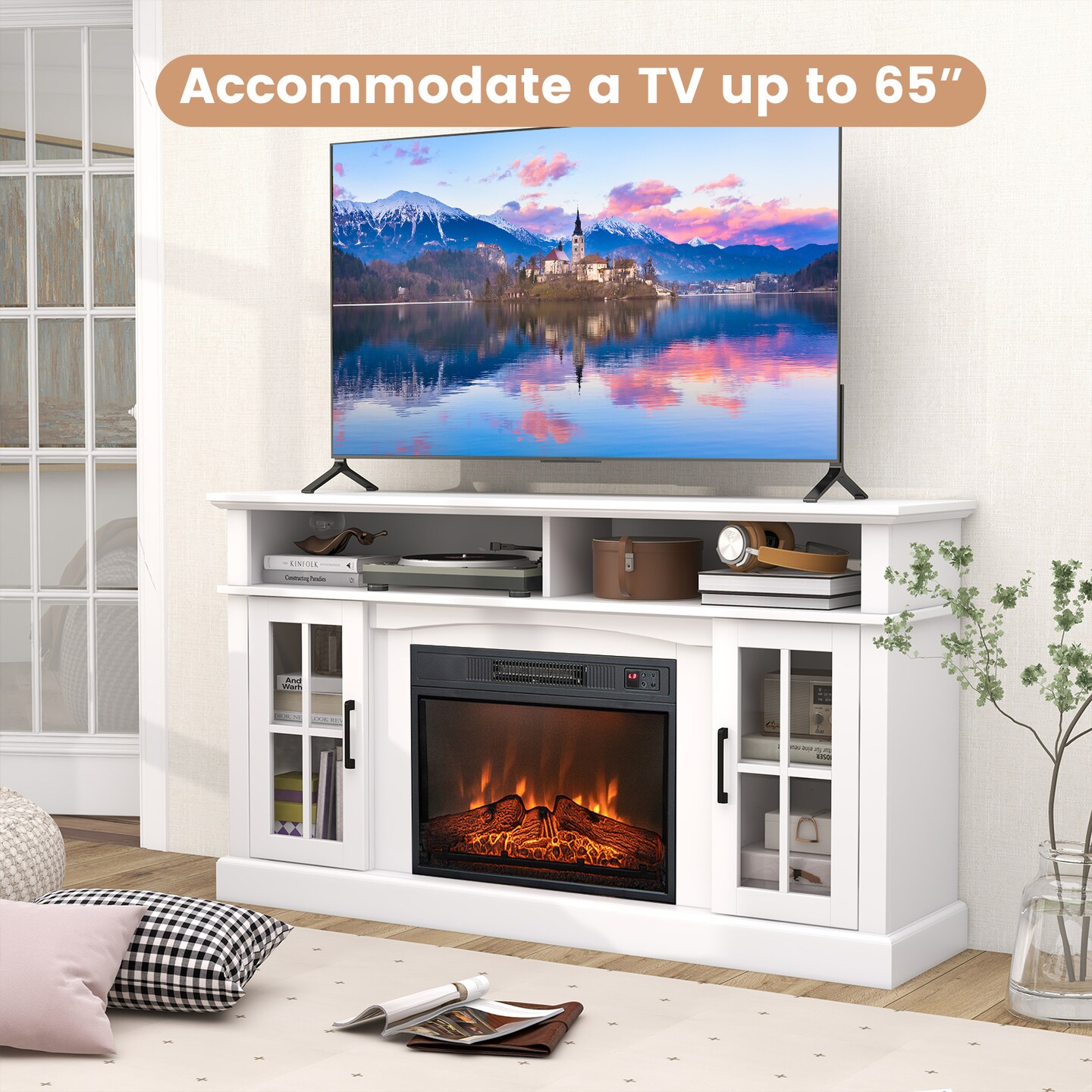 Tv Stand For Tvs Up To 65 Inch With Fireplace, Side Cabinets And Remote Control