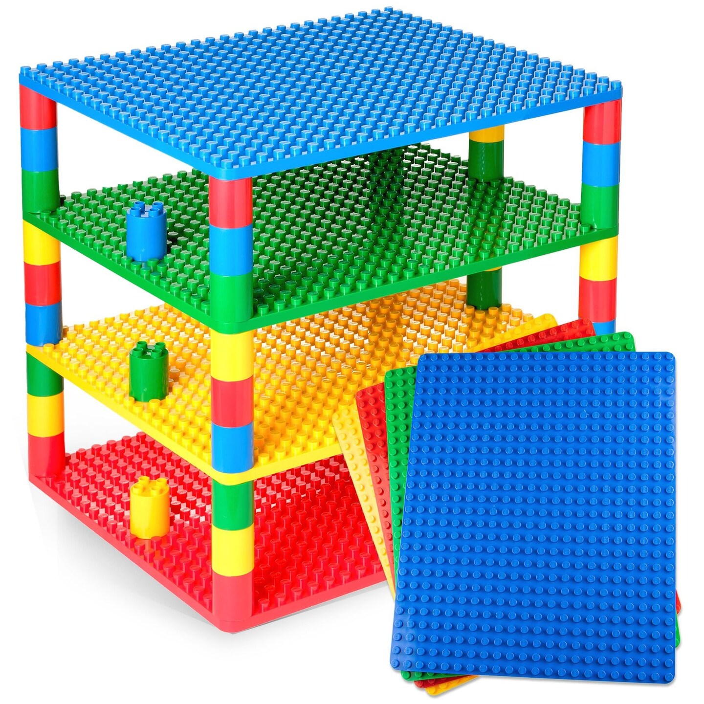 Strictly Briks Large Classic Stackable Baseplates, Building Bricks For Towers, Shelves, and More, 100% Compatible with All Major Brands, Basic Colors, 4 Base Plates &#x26; 48 Stackers, 16x13 Inches