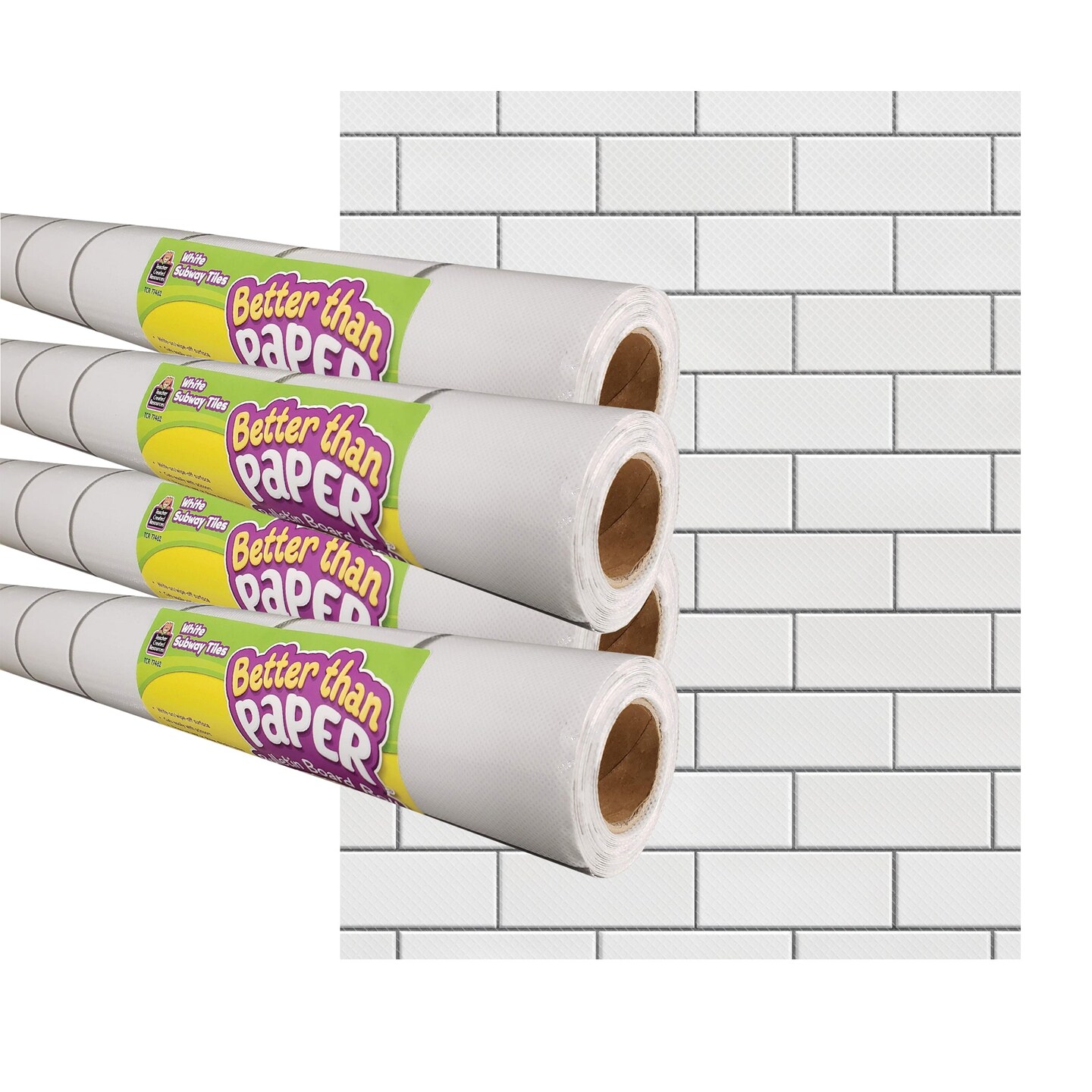 White Subway Tile Better Than Paper Bulletin Board Roll, 4&#x27; x 12&#x27;, Pack of 4
