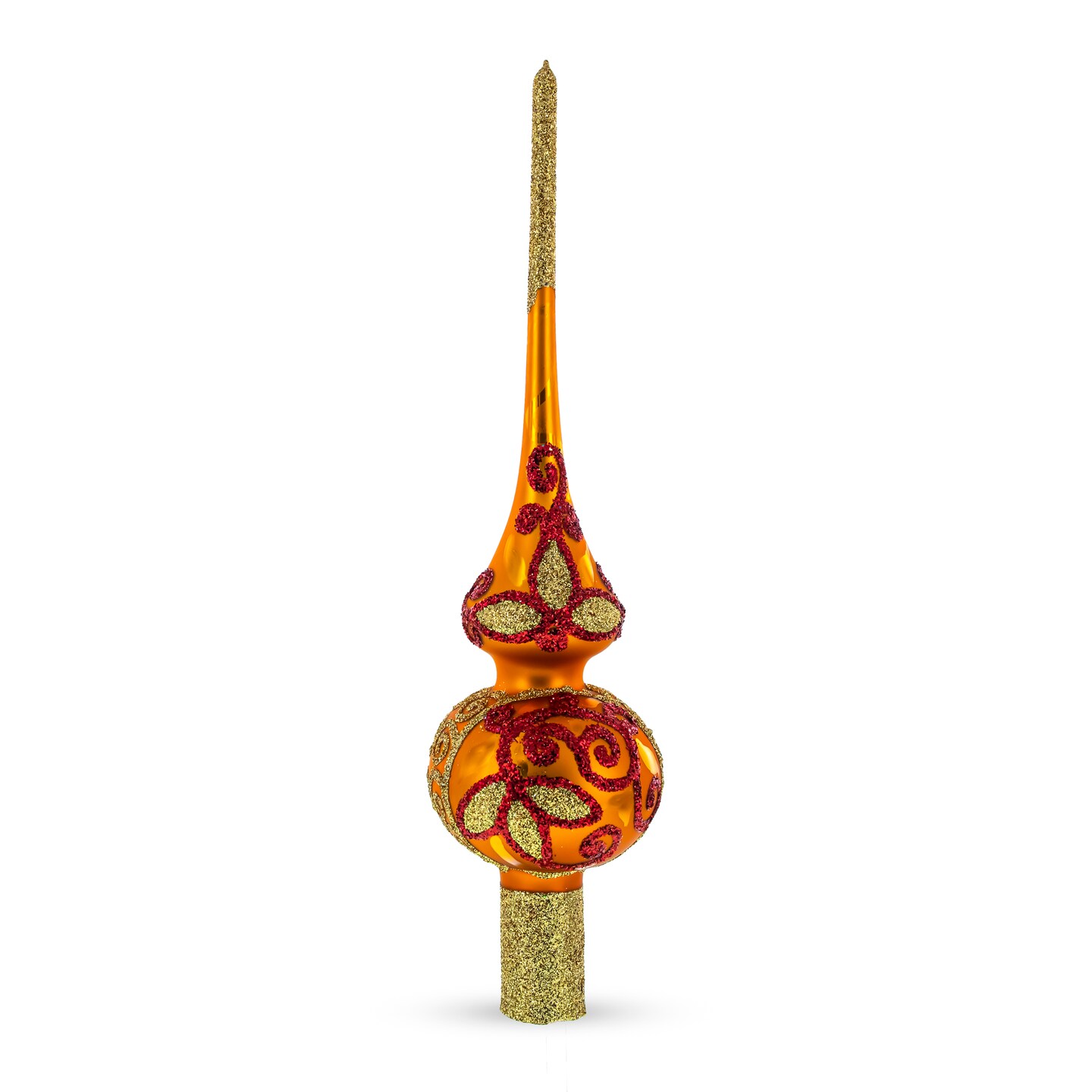 Sparkling Leaves on Gold Mouth Blown Glass Christmas Tree Topper 11 Inches