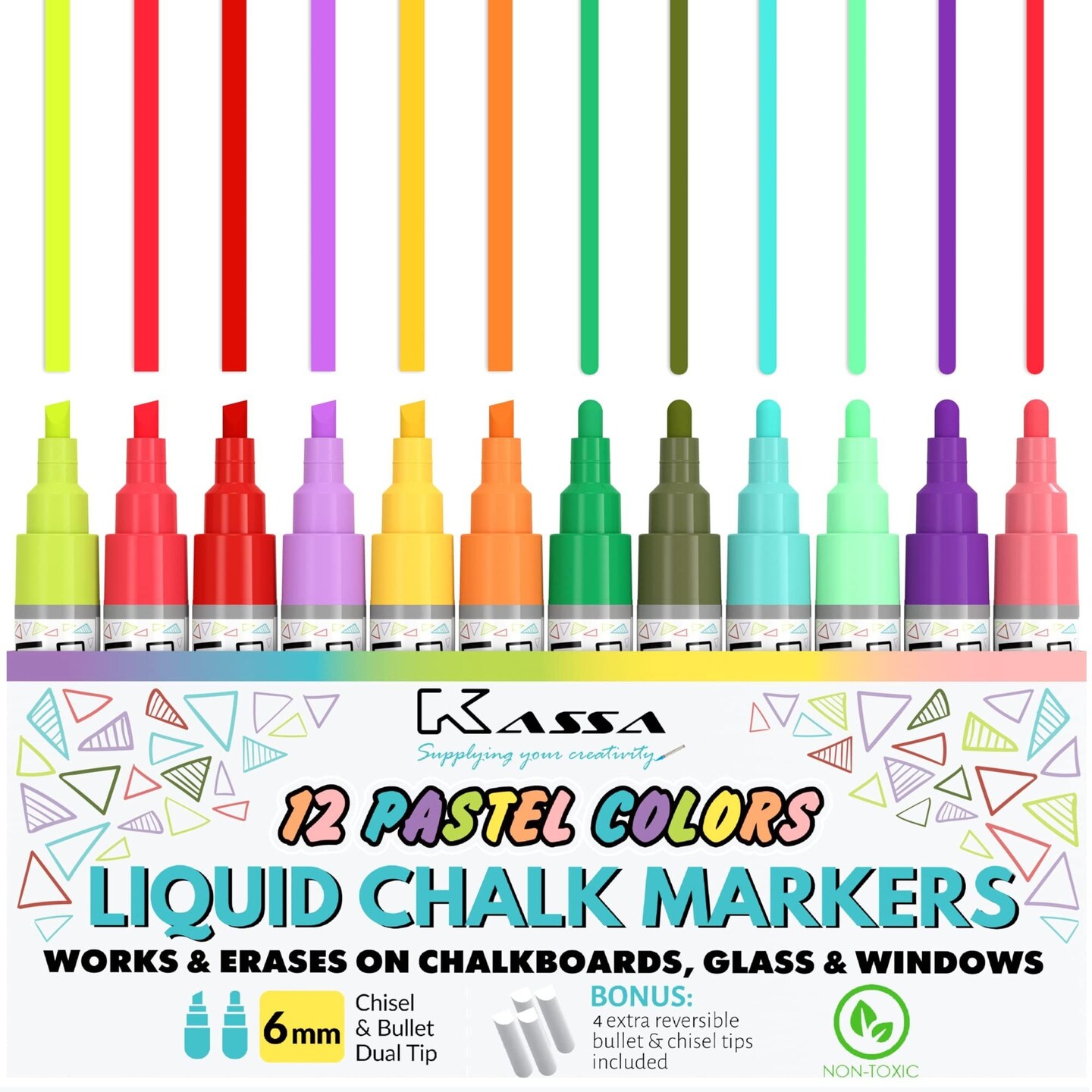 Kassa 10-Pack 6mm Pastel Multicolor Chalk Markers | With 4 Bullet &#x26; Chisel Dual Tips | Works on Chalkboards, Windows, Glass or Mirrors | Erasable &#x26; Dust-Free | Ideal for Use at Home, School &#x26; Office