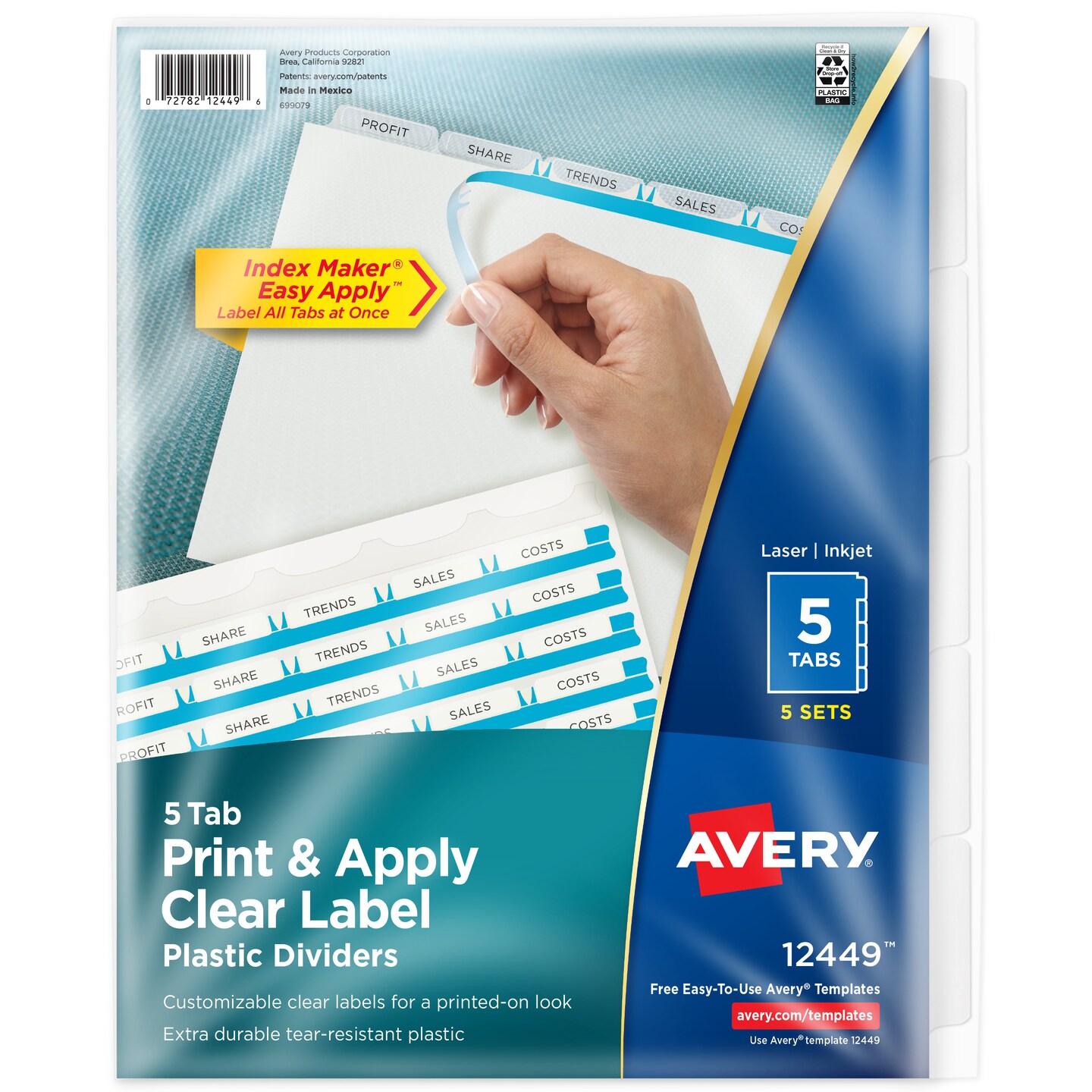 Avery 5 Tab Plastic Dividers for 3 Ring Binder, Easy Print & Apply Clear Label Strip, Index Maker Customizable Frosted White Tabs, 5 Sets (12449)