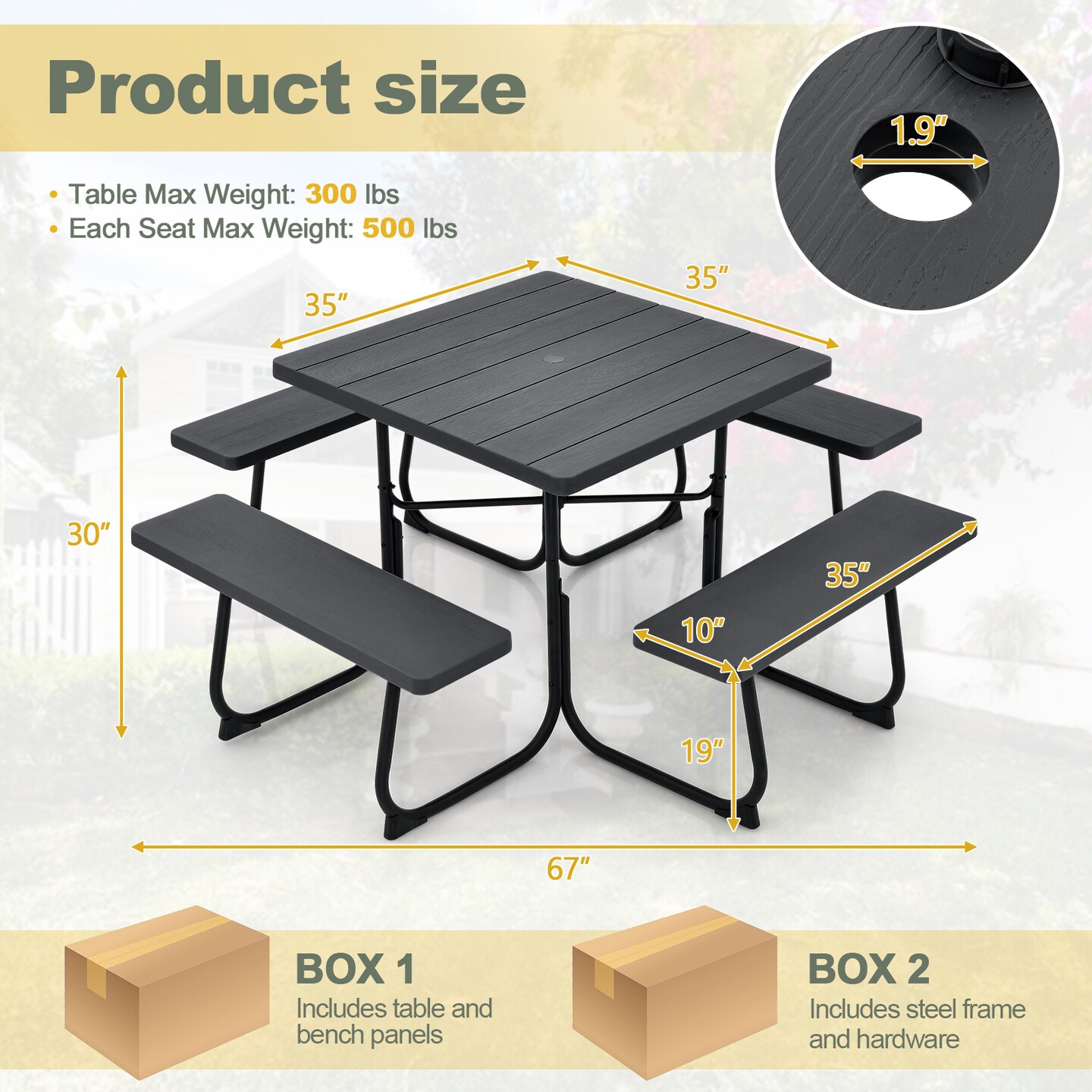Outdoor Picnic Table With 4 Benches And Umbrella Hole