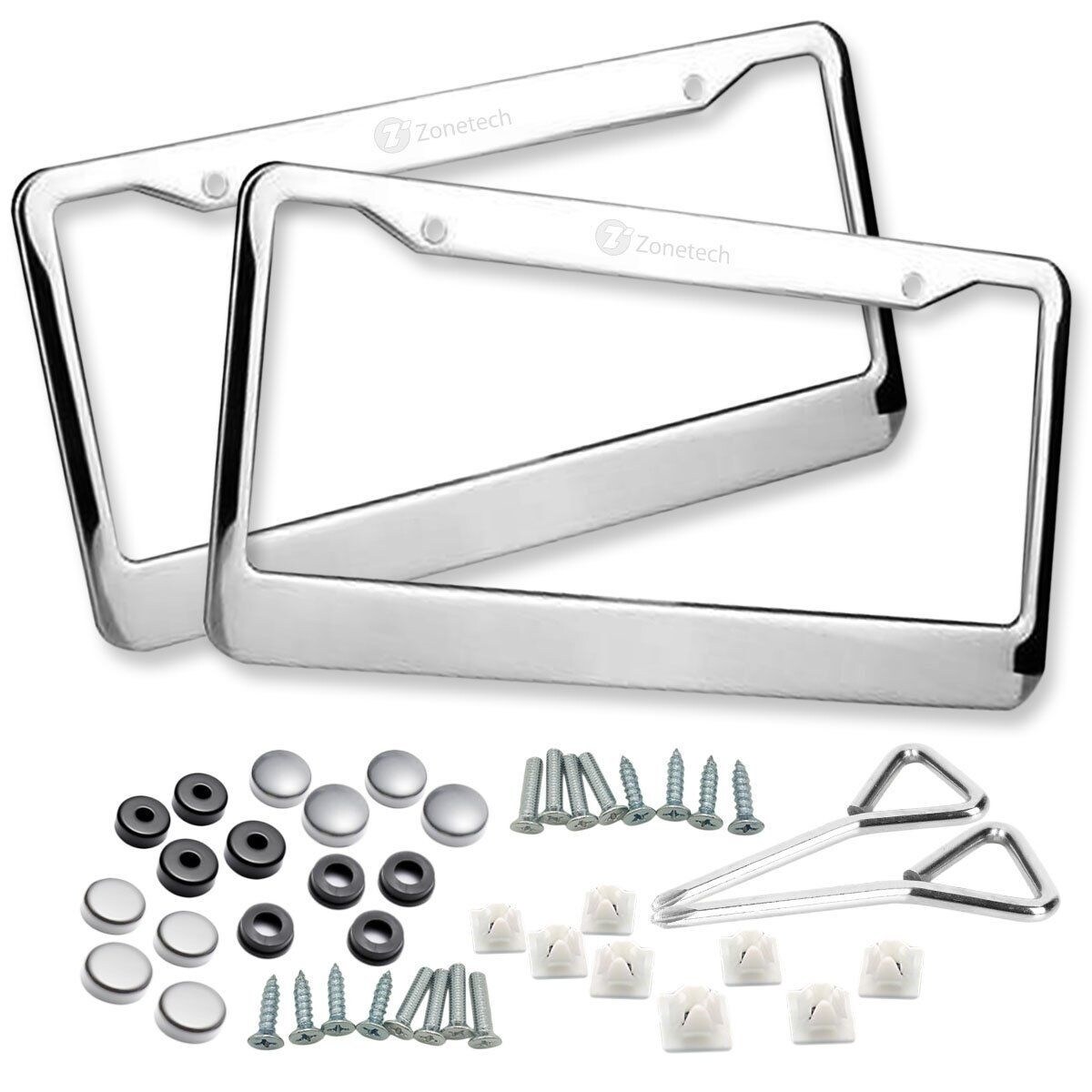 Zone Tech 2X Slim Chrome Stainless Steel License Plate Frame Screw Cap 4 Hole