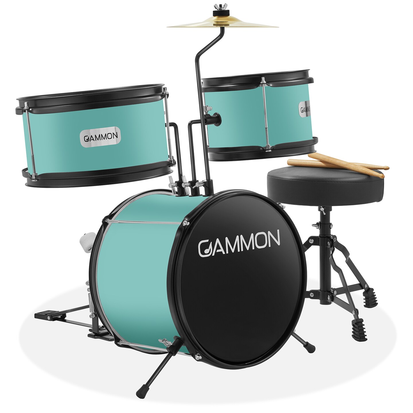 Gammon 3-Piece Junior Drum Set with Throne, Complete Beginner Kit with Bass Drum, Toms, Cymbal, Pedal, and Drumsticks