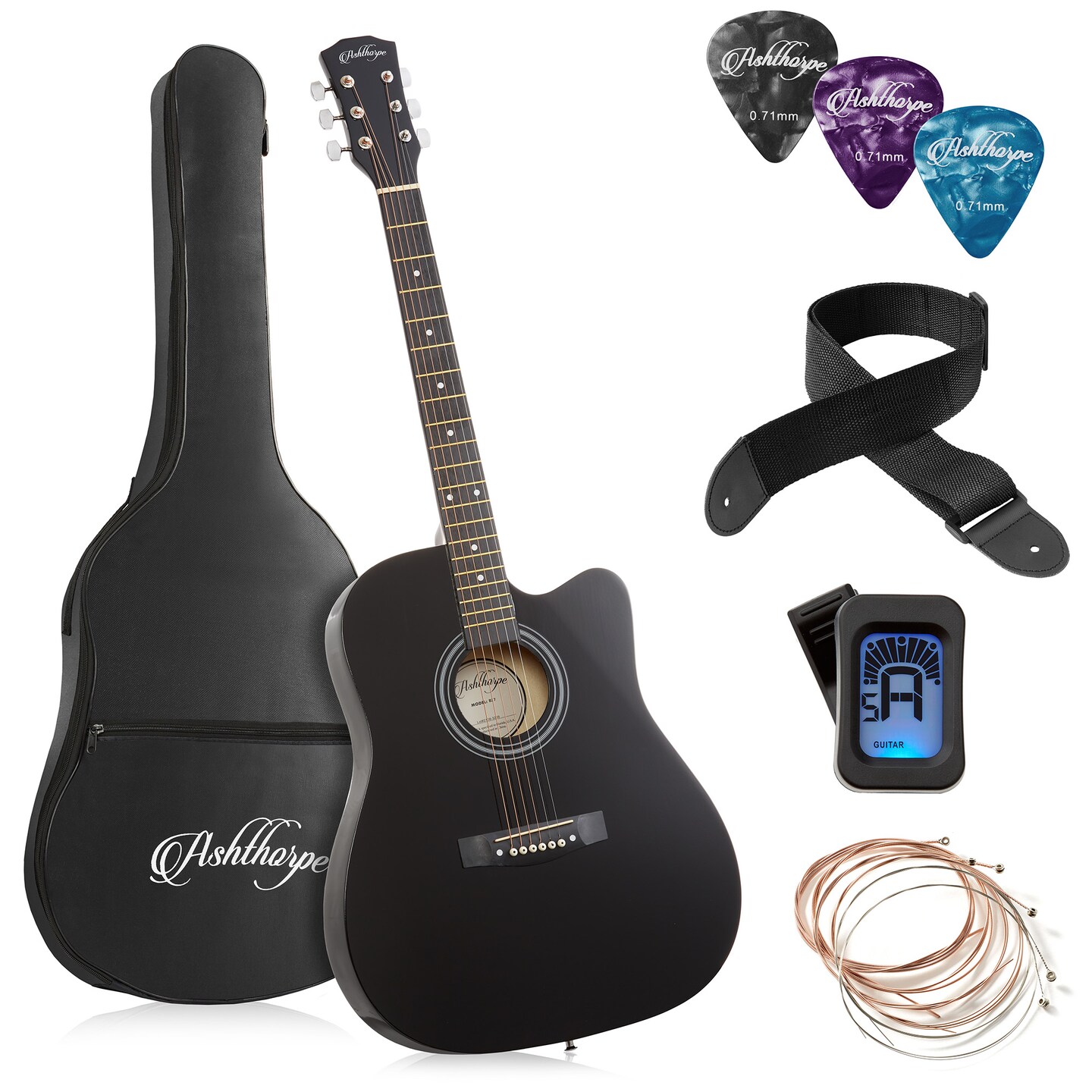 Ashthorpe 41-inch Beginner Cutaway Acoustic Guitar Package, Full Size Basic Starter Kit w/ Gig Bag, Strings, Strap, Tuner, Picks