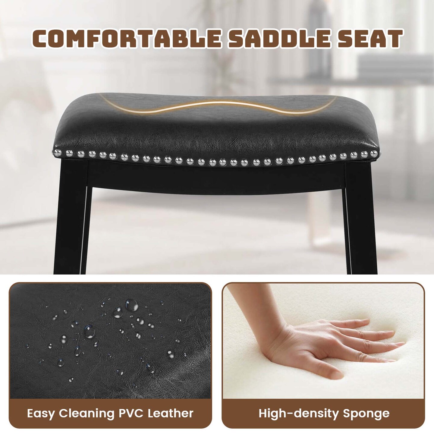 Costway 26-Inch Bar Stool Set of 2 Counter Height Saddle Stools with Upholstered Seat Brown/Black/Gray