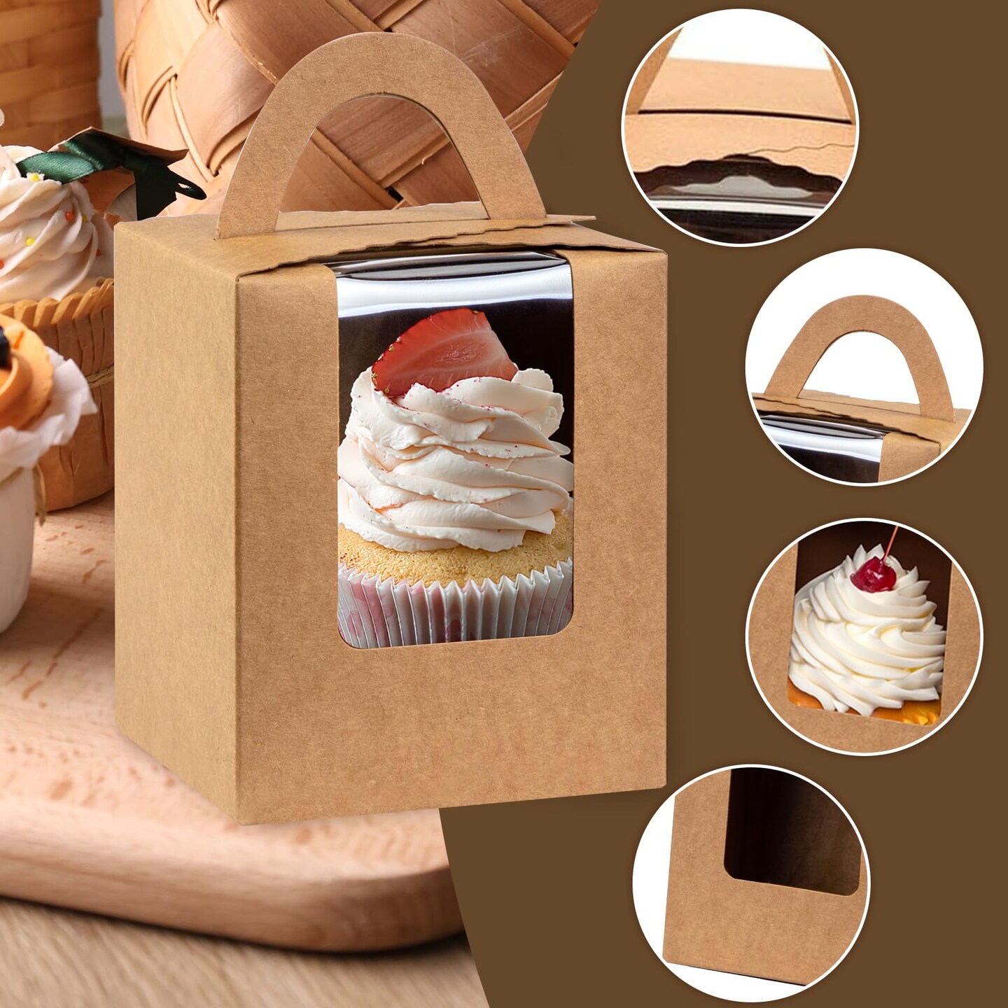 VGOODALL 60PCS Kraft Cupcake Boxes, Cupcake Carrier with Window Insert and Handle Kraft Pastry Containers Muffins Cupcake Carriers for Bakery Wrapping Party Favor Packing