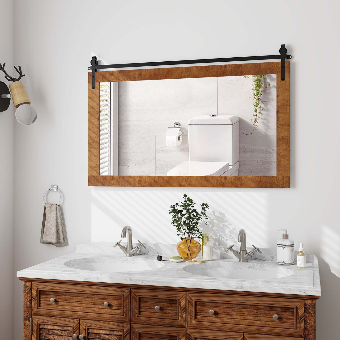 Costway Farmhouse Bathroom Wall Mounted Mirror 40&#x27;&#x27; x 26&#x27;&#x27; Explosion-proof Fir Wood Frame