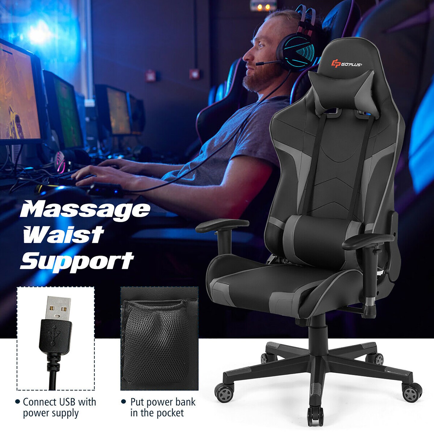 Goplus Massage Gaming Chair Reclining Swivel Racing Office Chair w/Lumbar Support