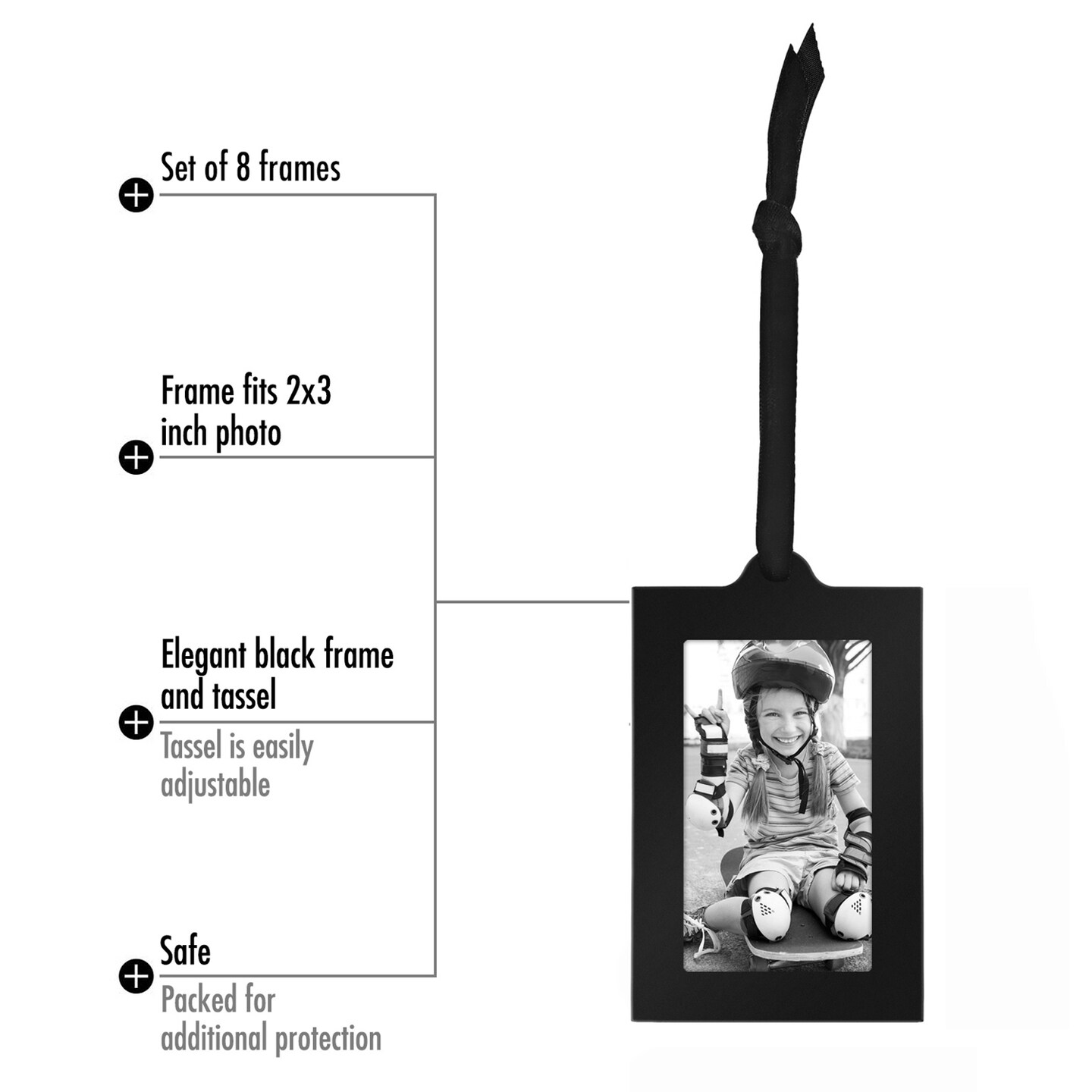 Americanflat 8 Piece 2x3 Hanging Picture Frames in Black with Adjustable Ribbon Tassels - Metal