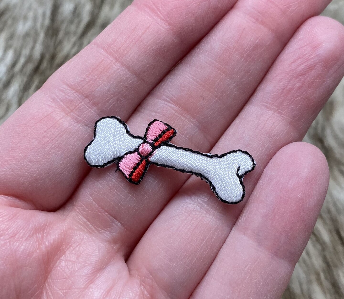 White Bone with Pink Bow, Pet Food, Dog Bones, Embroidered, Iron on Patch