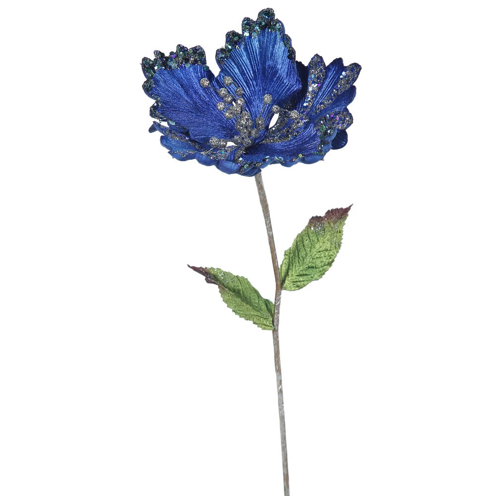3PK - 23&#x22; Blue Hibiscus 8&#x22; Glitter Flower Decorative Christmas Pick