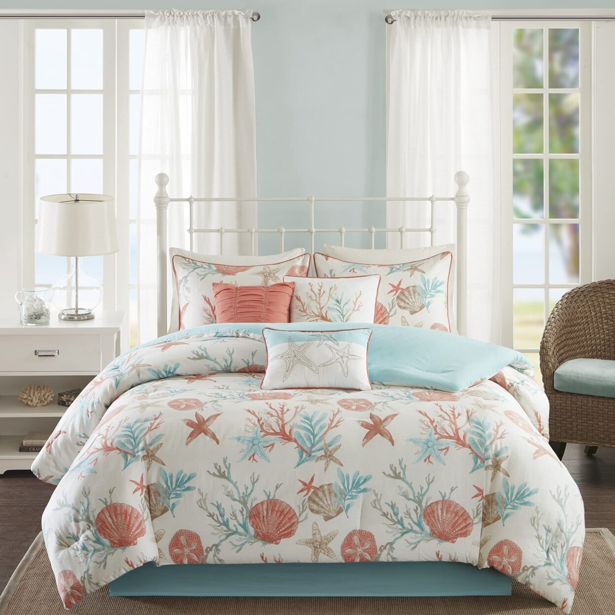 Madison Park   Pebble Beach 7 Piece Cotton Comforter Set - Queen - Coral
