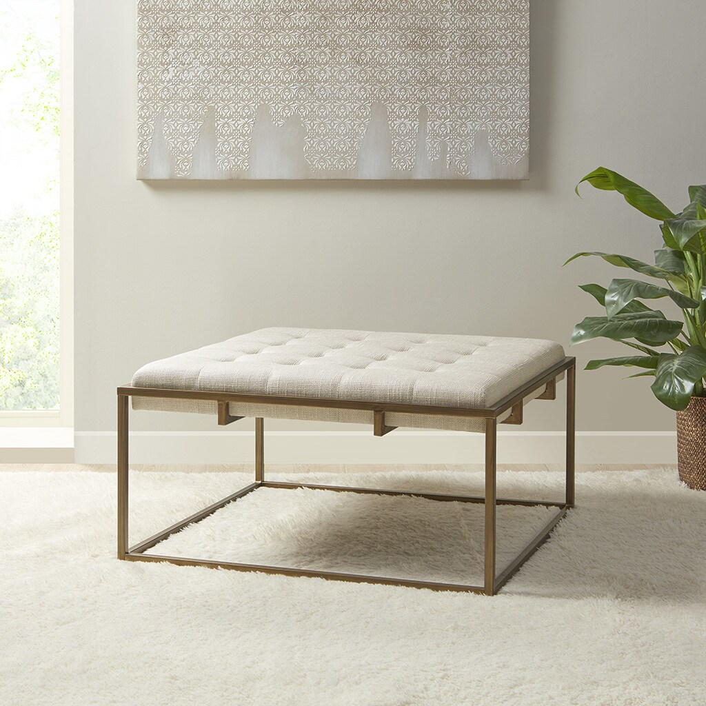Gracie Mills   Square Shape Button-tufted Upholstered Metal Base Ottoman/Coffee Table