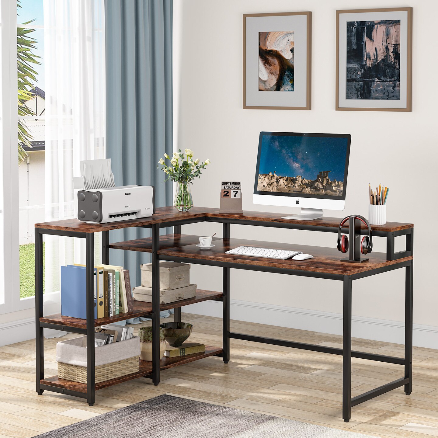 Tribesigns   Reversible L Shaped Computer Desk with Storage Shelf Industrial 55 Inch Corner Desk with Shelves and Monitor