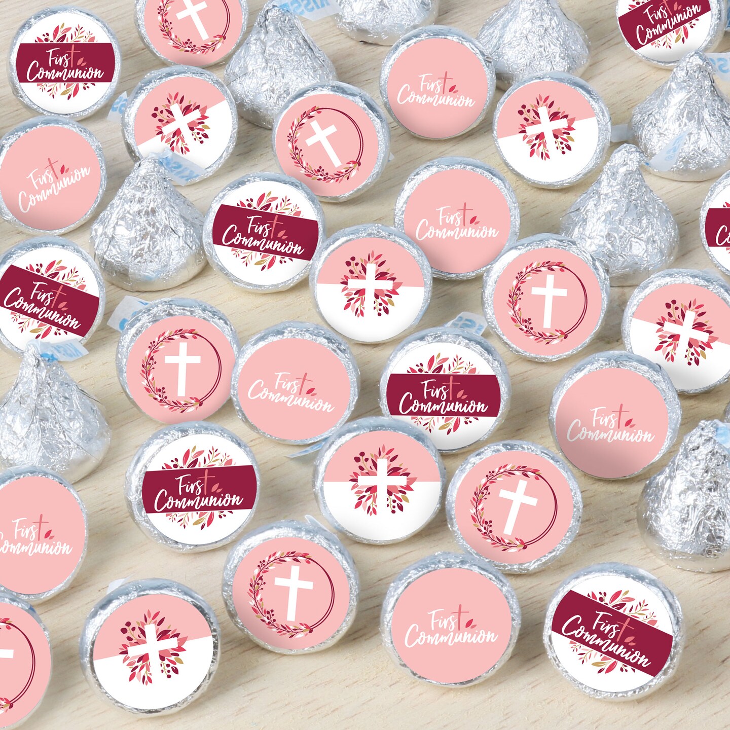 Big Dot of Happiness First Communion Pink Elegant Cross - Girl Religious Party Small Round Candy Stickers - Party Favor Labels - 324 Count