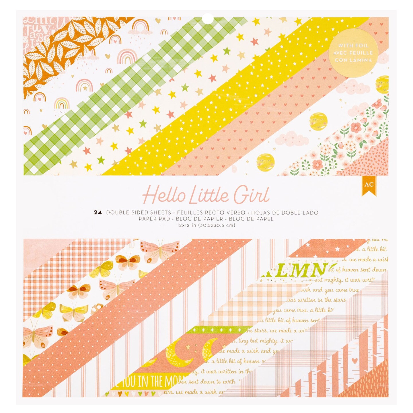 American Crafts Double-Sided Paper Pad 12"X12" 24/Pkg-Gold Foil, Hello Little Girl