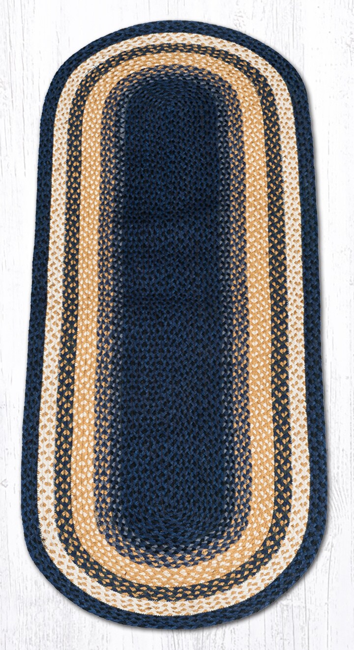 Earth Rugs C-79 Lt. Blue / Dark Blue / Mustard Oval Braided Rug 2 Feet X 6 Feet