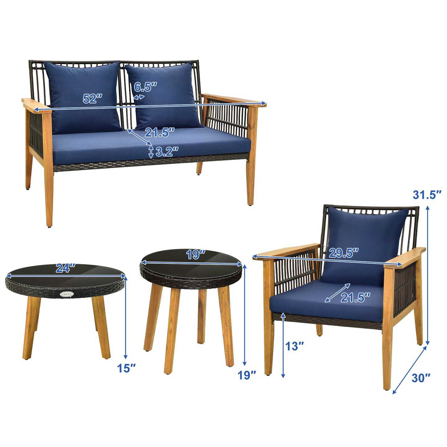 5 Piece Outdoor Conversation Set With 2 Coffee Tables For Backyard Poolside-Navy