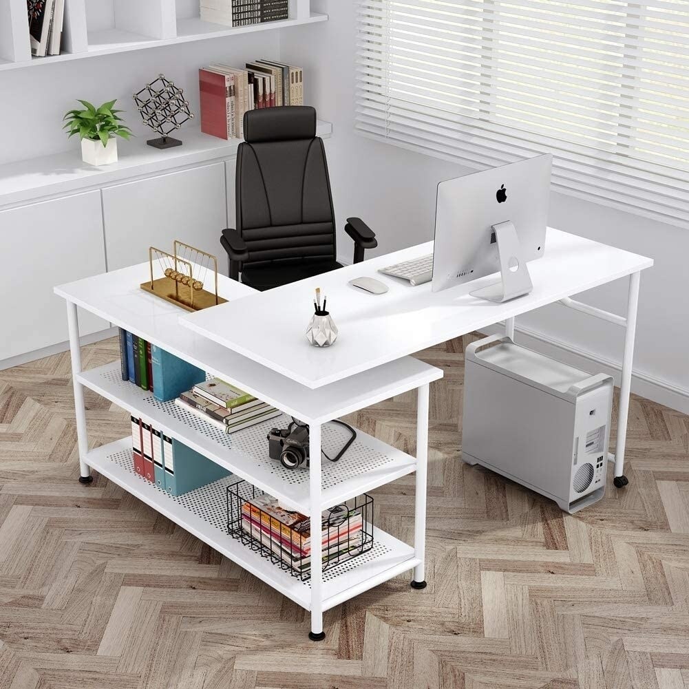 Tribesigns L-Shaped Desk With Storage Shelves Rotating Modern Computer Table Black