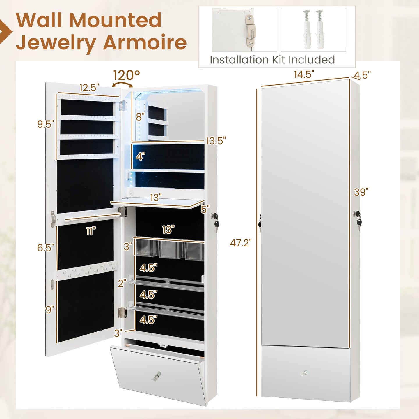 Wall Mounted Jewelry Armoire Organizer With Full-length Frameless Mirror-white