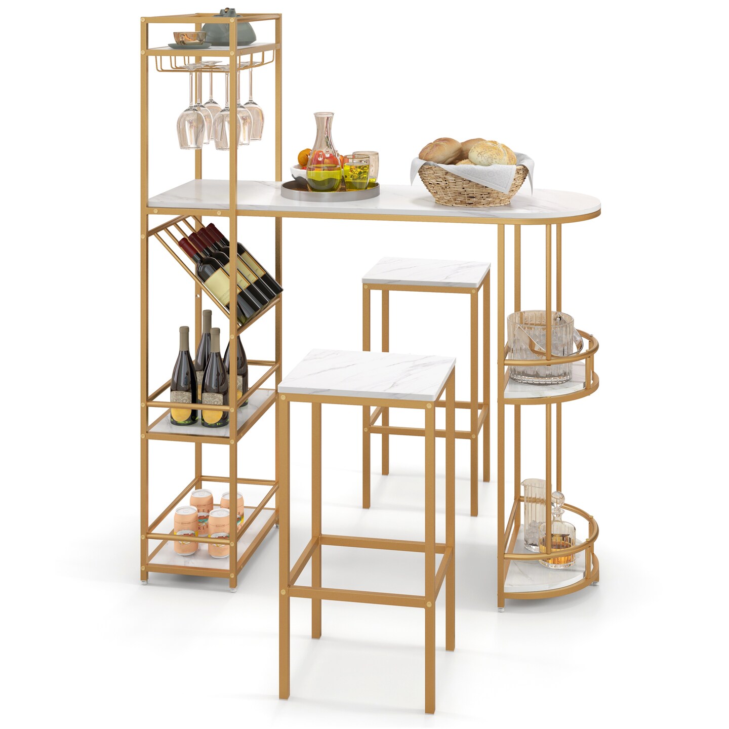 3 Pieces Bar Table Set With Storage Shelves And Wine Rack-golden
