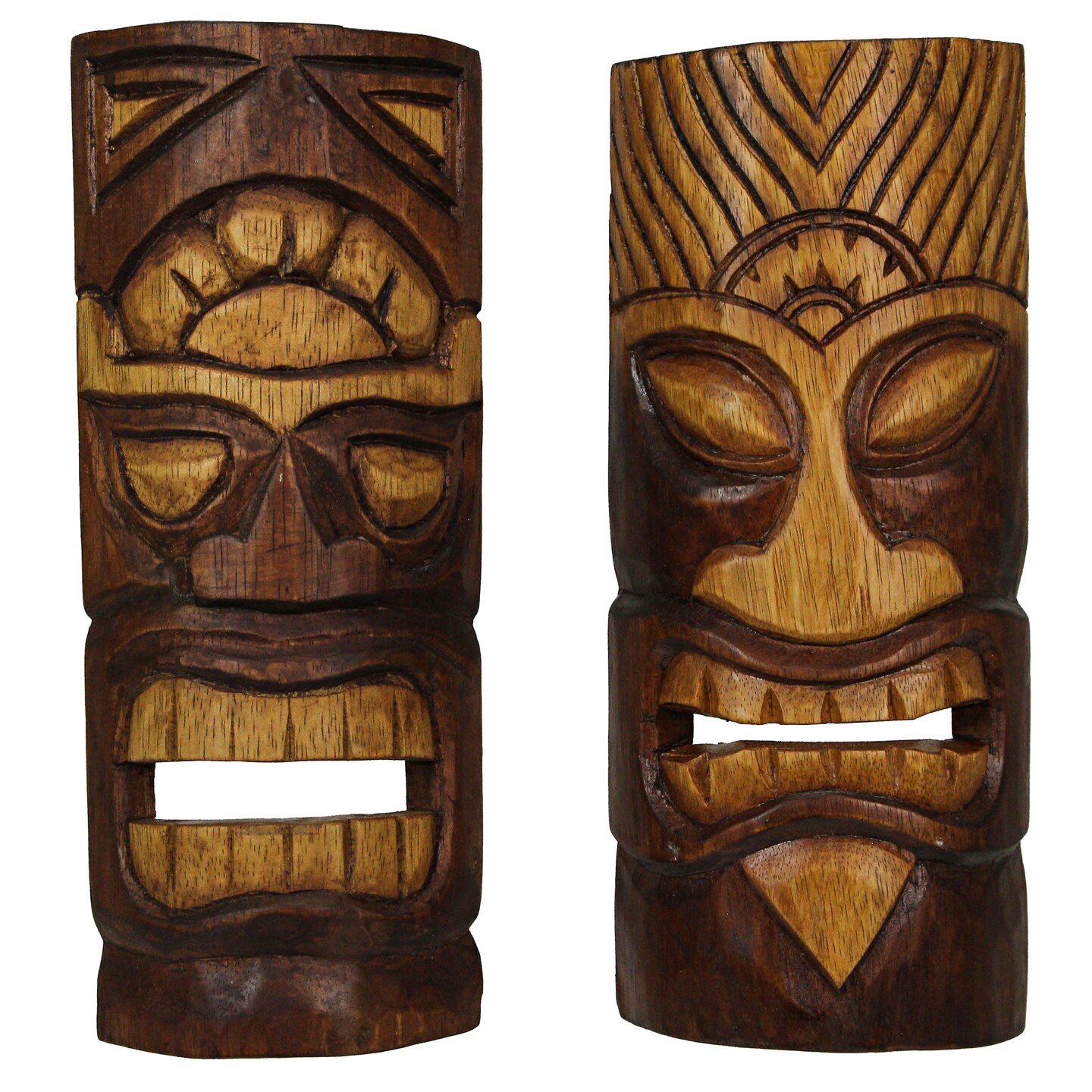 12 Inch Natural Wood Hand Carved Tiki Mask Wall Art Tropical Beach Home Set of 2