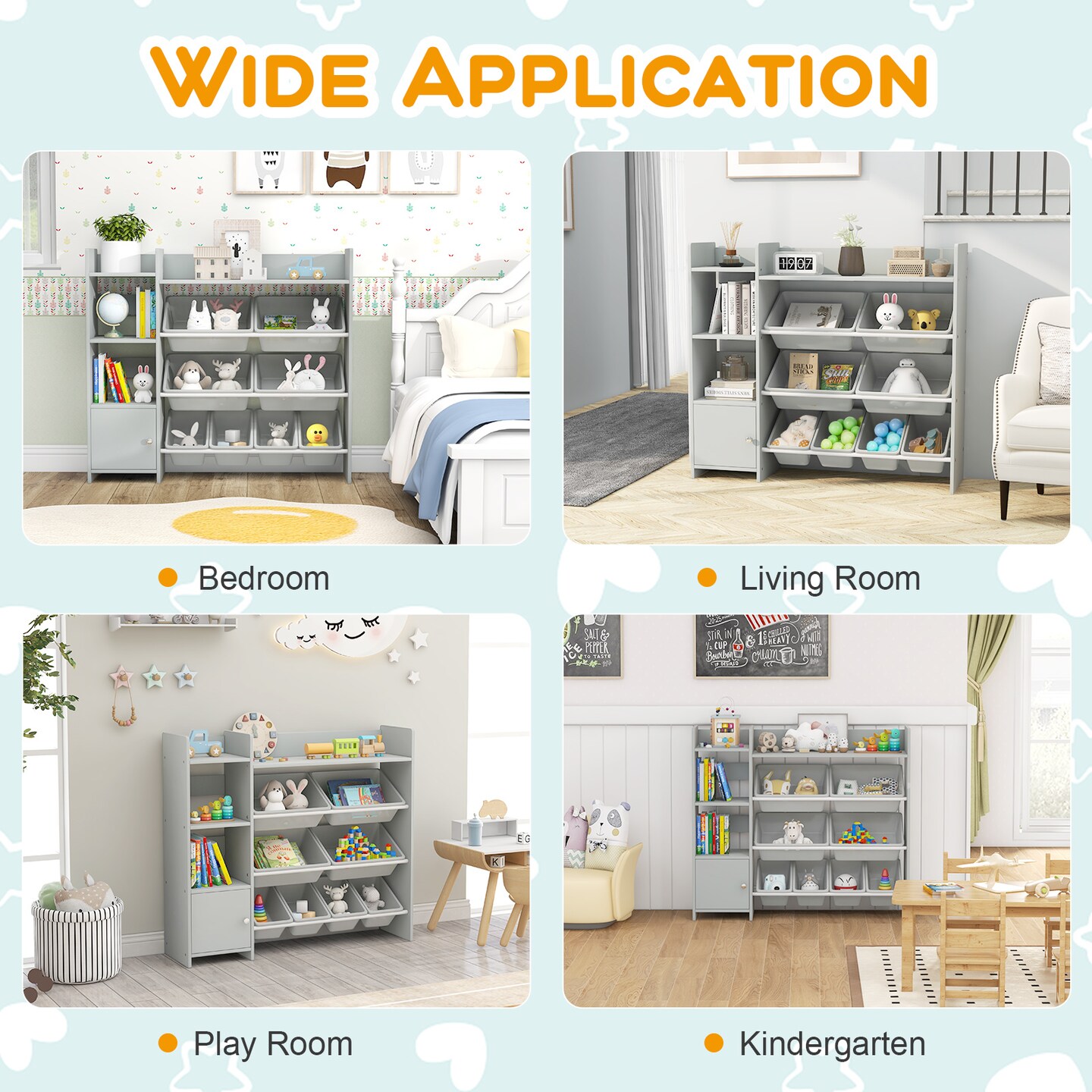 4-Tier Kids Bookshelf and Toy Storage Rack with 8 Toy Organizer Bins-Grey - 44.5&#x22; x 12&#x22; x 39.5&#x22;