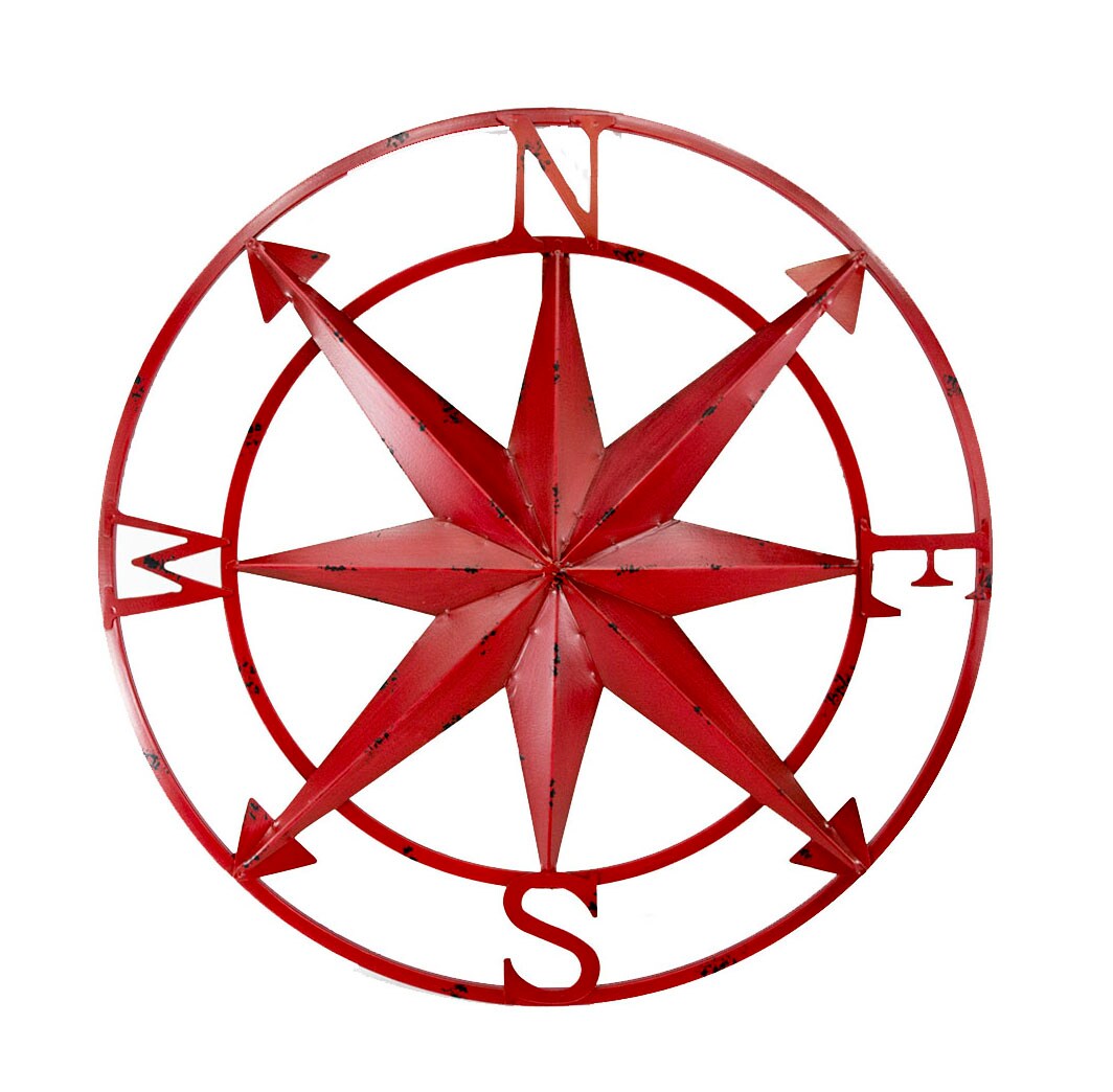 20 Inch Distressed Metal Compass Rose Nautical Wall Decor Indoor Outdoor, Red